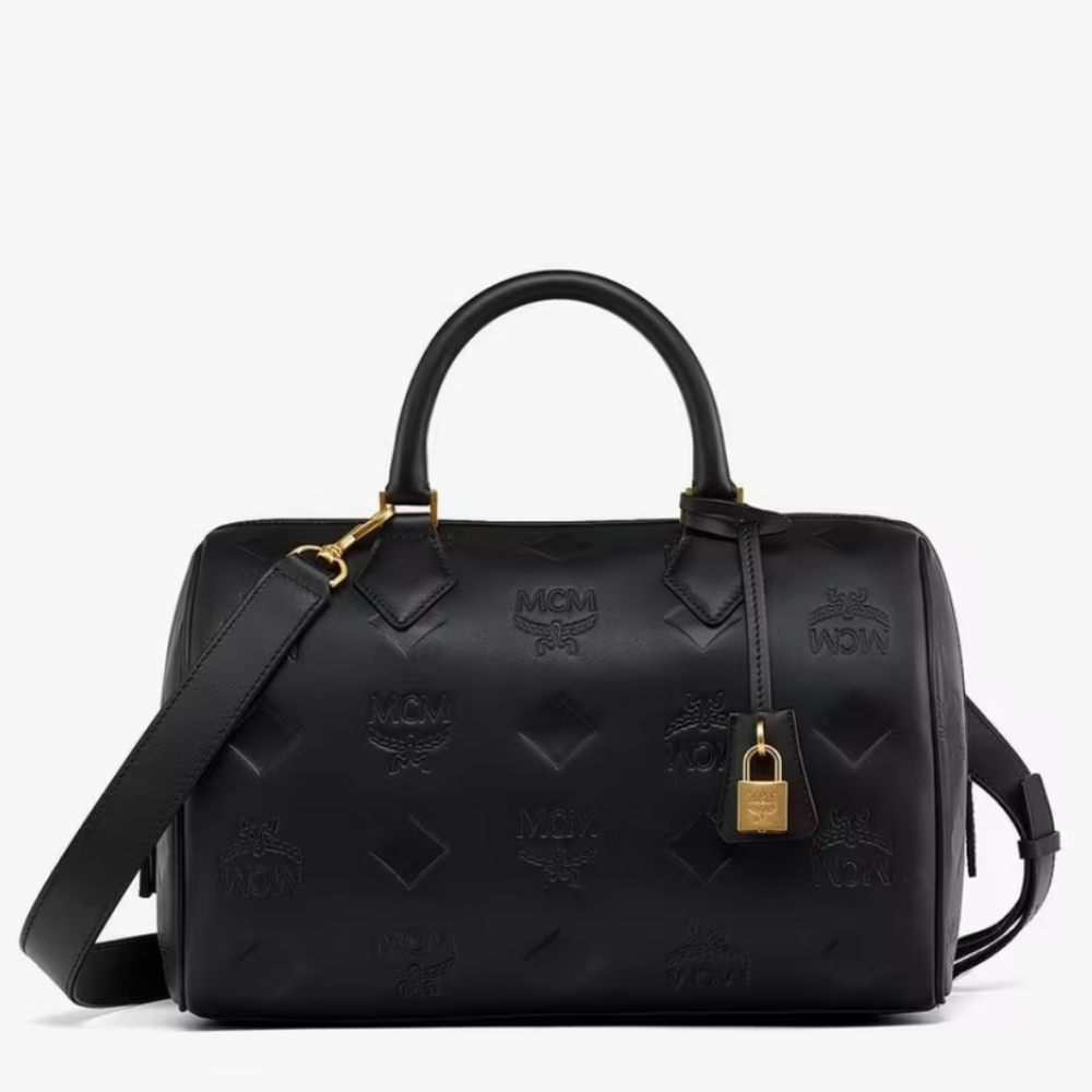 Brand New MCM ella boston medium bag in black maxi monogram leather Authentic
